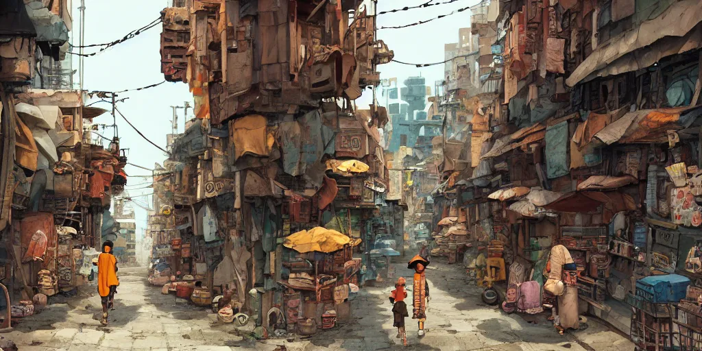 Prompt: a film still from Tekkonkinkreet by Ian McQue , walking through a narrow market alley of dusty favela city street, intimate, vibrant, 50mm lens, video game character and environment design, 2d game lineart behance hd, studio, dramatic lighting, cinematic, global illumination, trending on Artstation, bloom