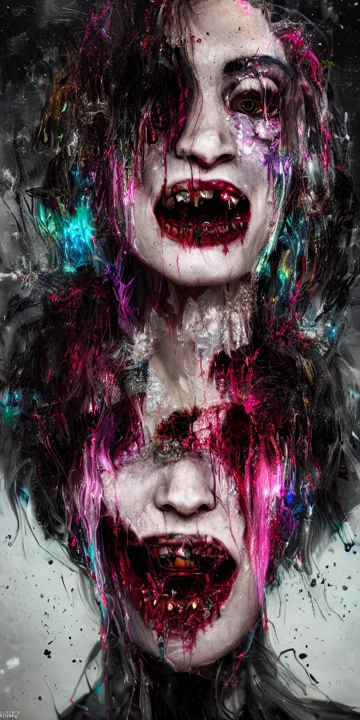 Prompt: Portrait of an impossibly beautiful vampire with large vampire fangs, single face, full body, intricate complexity, horror, psychedelic glitch art, rainbow drip paint, trending on art station, photoreal, 8k, octane render