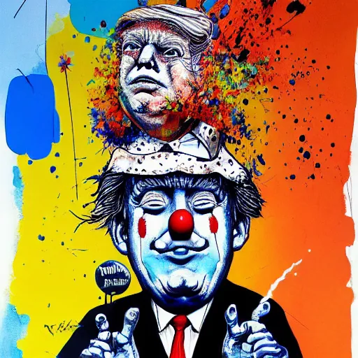 Prompt: Donald Trump clown, Ralph steadman, psychedelic, surreal, ink splatter, detailed, 4k