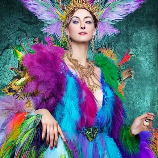 Prompt: Queen of the fae holding court while wearing a sleeveless feathered gown, powerful, intricate, hyper realism, colorful, 4k