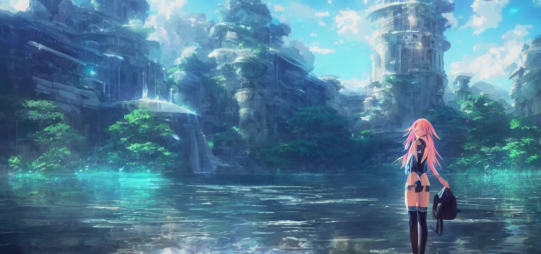 Image similar to anime water temple, hyper realistic, straight lines 8k hdr pixiv dslr photo by Makoto Shinkai ilya kuvshinov and Wojtek Fus, digital art, concept art,