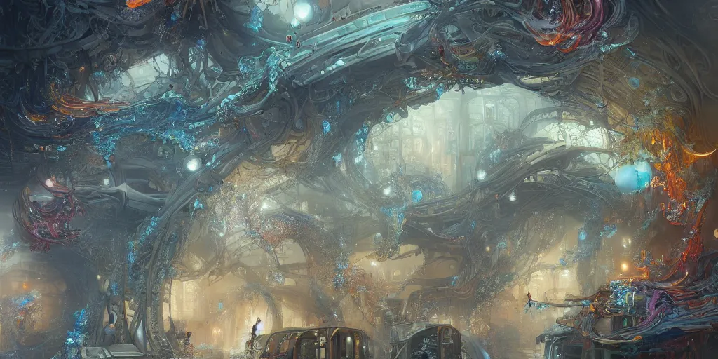 Prompt: a beautiful insanely detailed modern metro station intricate detailed color smashing fluid oilpaint, 3 d render, hyper realistic detailed, sharp, melting wax, fluid acrilic, thin fractal tendrils, intense colors, scifi, fantasy, hyper detailed, octane render, concept art, by peter mohrbacher, by wlop, by ruan jia