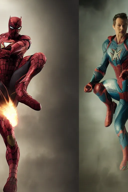 Image similar to VFX movie still frame portrait DC vs. Marvel team natural skin, hero pose, war zone by Emmanuel Lubezki