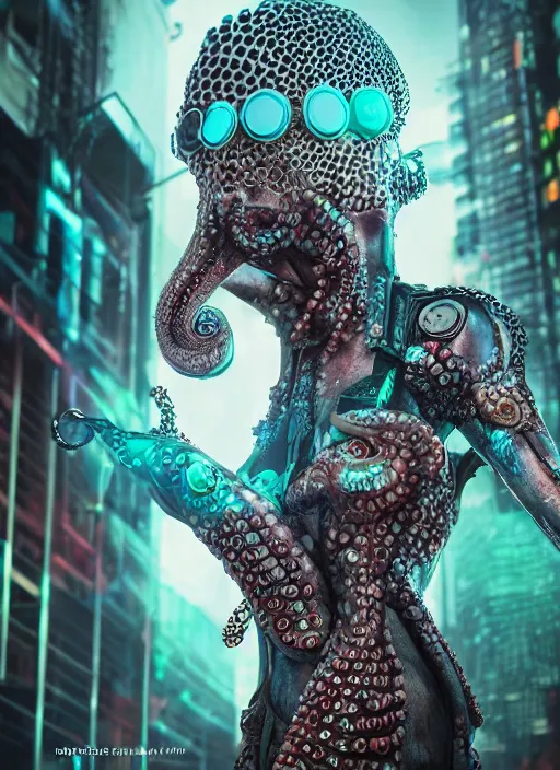 Prompt: hyperrealism, detailed textures, photorealistic 3 d cyberpunk octopus queen in apocalyptic city, futuristic clothing and helmet, neon colors, ultra realistic, cinematic, intricate, low light, unreal engine 8 k