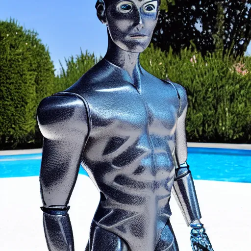 Image similar to made of ice, a realistic detailed photo of a guy who is an attractive humanoid who is half robot and half humanoid, who is a male android, on display, blank stare, showing off his muscles, shiny skin, posing like a statue, by the pool, frozen ice statue, twitch streamer / gamer ludwig, humanoid robot