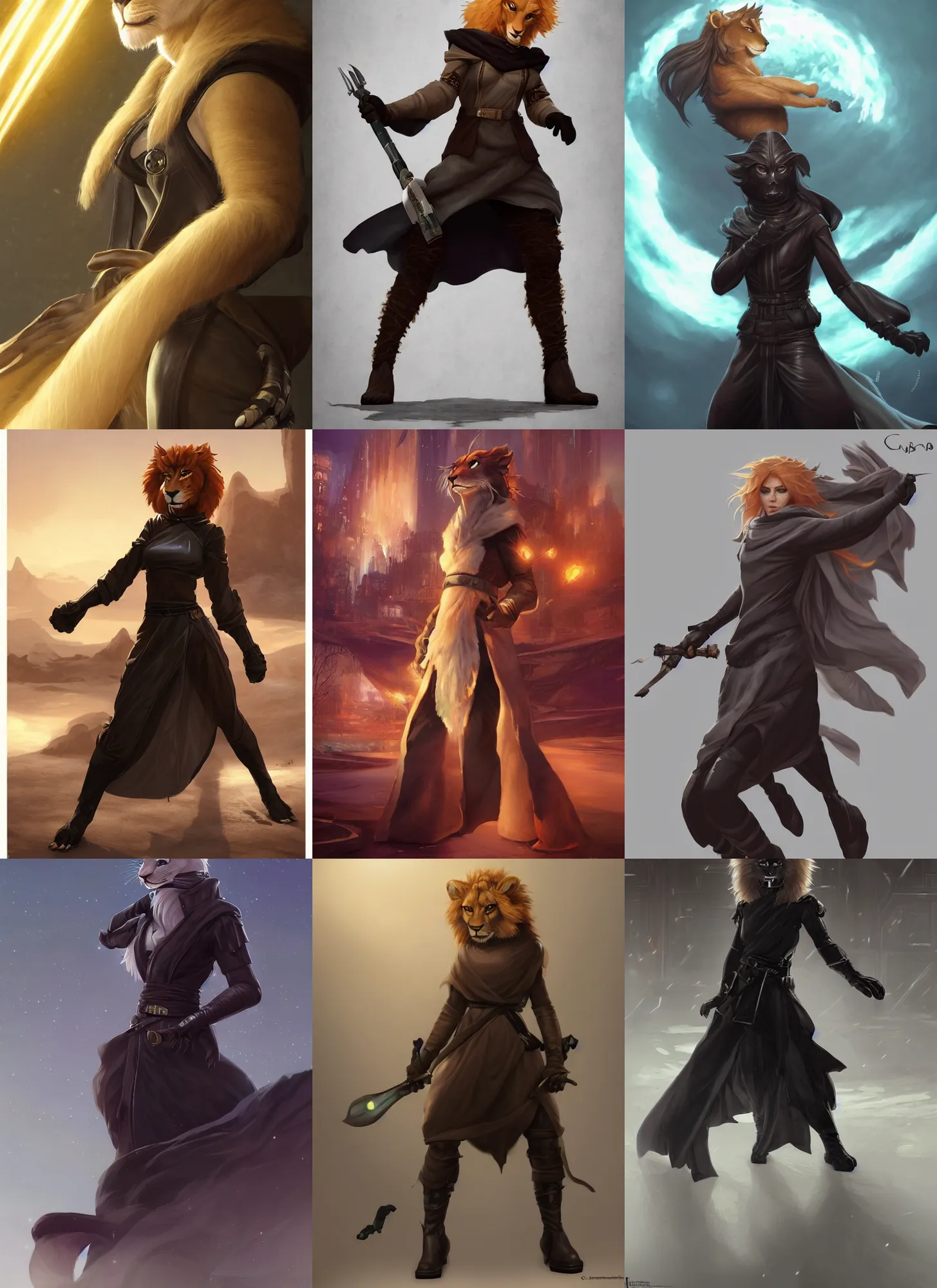 Prompt: beautiful portrait of a female anthropomorphic lioness fursona wearing black jedi robes. leather gloves. leather boots. combat stance. character design by charlie bowater, ross tran, artgerm, and makoto shinkai, detailed, soft lighting, rendered in octane