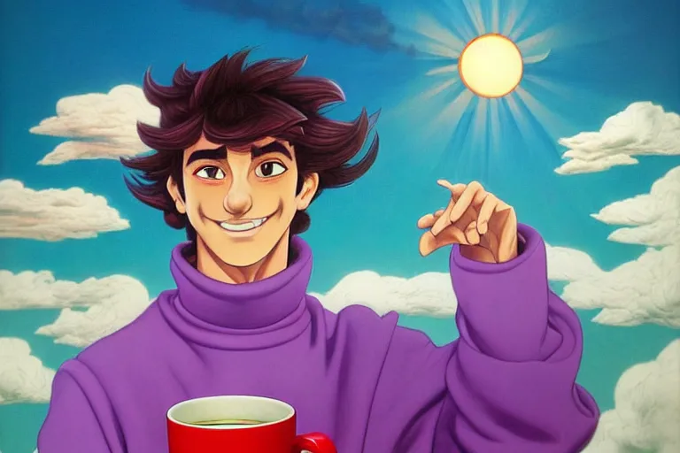 Prompt: portrait of a ( ( ( a big purple coffee cup ) ) ) ), ( ( ( handsome young hot cheerful italian boy ) ), full of clouds and magic, the sun, concept character, by greg rutowski and tezuka and oi and oi and a lot and bierstadt and remington, trending on artstation