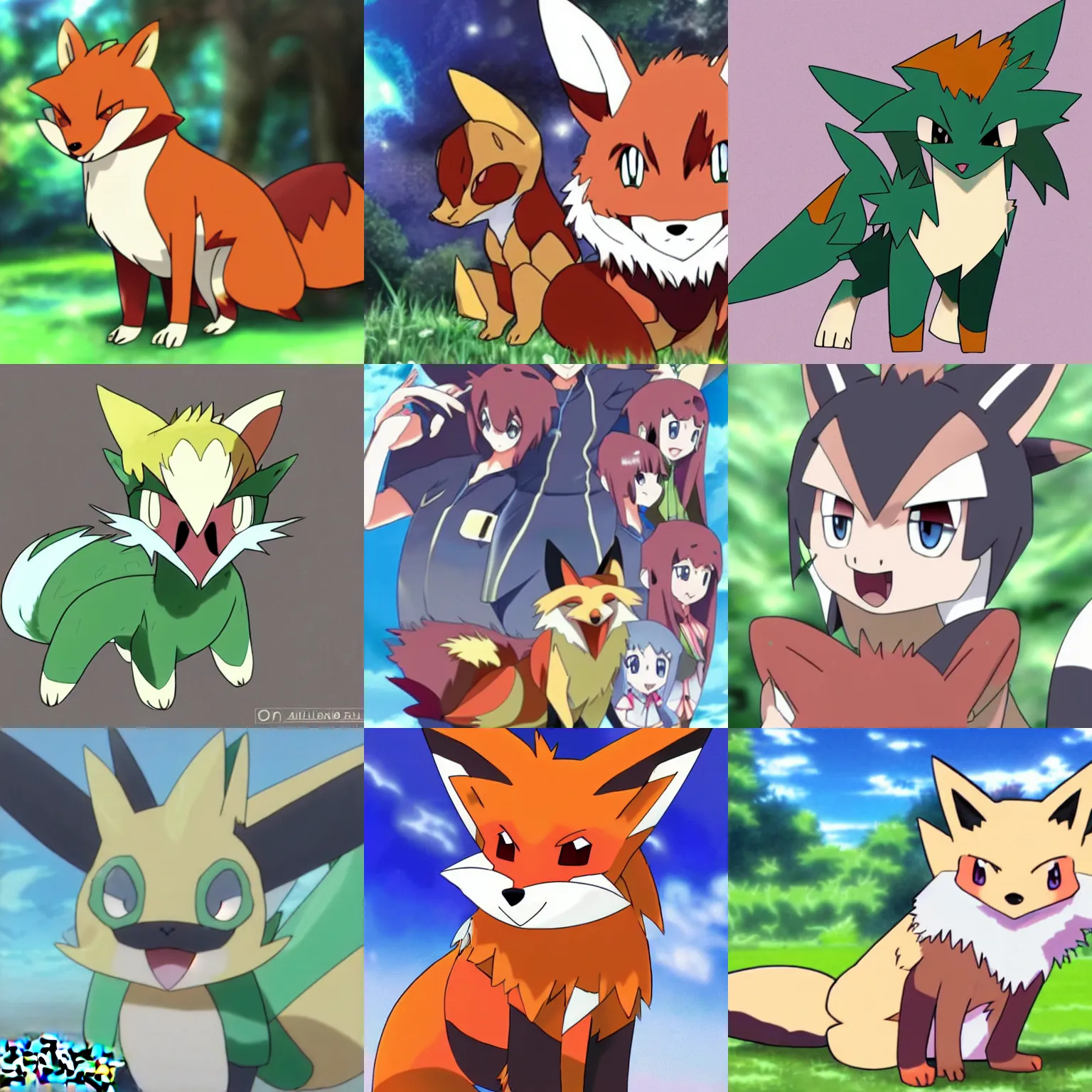 Prompt: one pokemon in anime cartoon style with features of a fox with green eyes