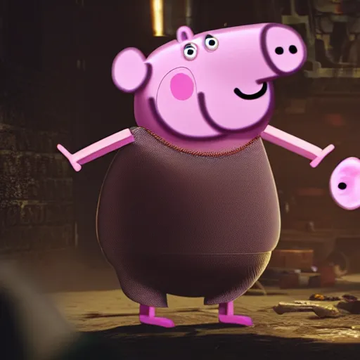 Image similar to Peppa pig in Gears of War, splash art, movie still, cinematic lighting, dramatic, octane render, long lens, shallow depth of field, bokeh, anamorphic lens flare, 8k, hyper detailed, 35mm film grain