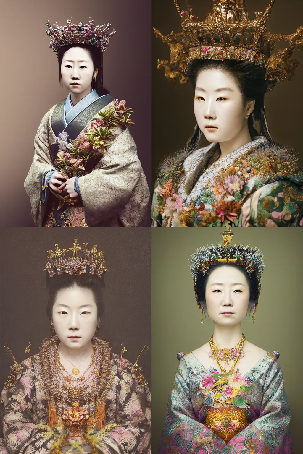 Prompt: Hyper realistic and detailed portrait photography of a Japanese queen with adorned crown and fractal plants all around. detailed. depth of field. Rembrandt light. moody. lens flare. kodak portra.