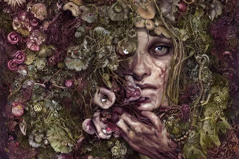 Prompt: beautiful and detailed rotten woman corpse with fractal plants and fractal flowers and mushrooms growing around, face muscles, veins, arteries, intricate, ornate, worms, flies, butterflies, surreal, ray caesar, john constable, guy denning, dan hillier