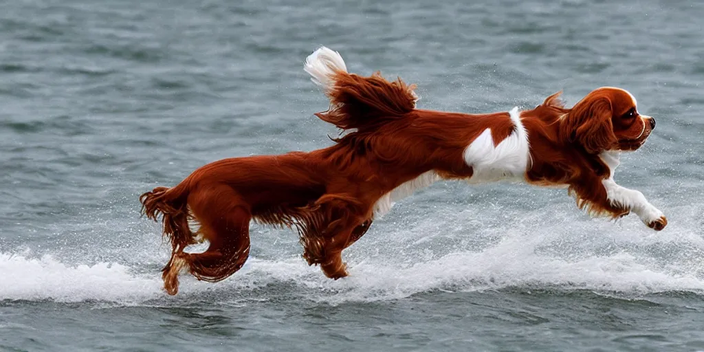 Prompt: A Cavalier King Charles Spaniel wind surfing.