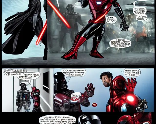 Prompt: a duel between iron man and darth vader