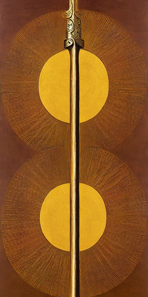 Image similar to a sword in the style of zdzisław beksinski, elegant, gold and oak inlay, sun motif, holy