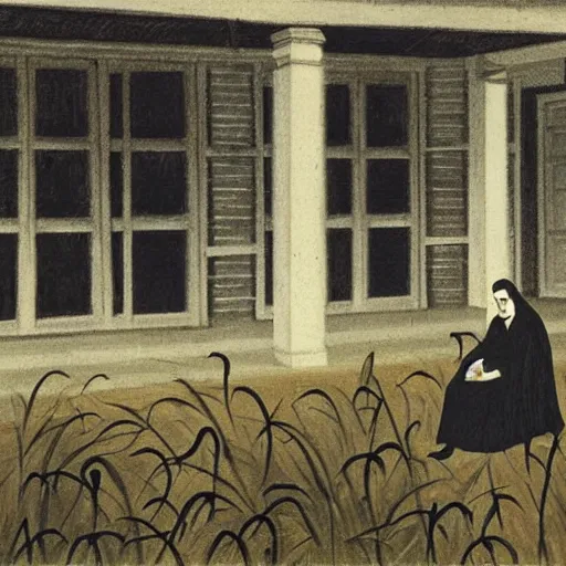 Image similar to grant wood's painting of dracula on the porch of a southern plantation, proudly gazing out on his cotton fields. he is pale, with black hair and a black and red cape.