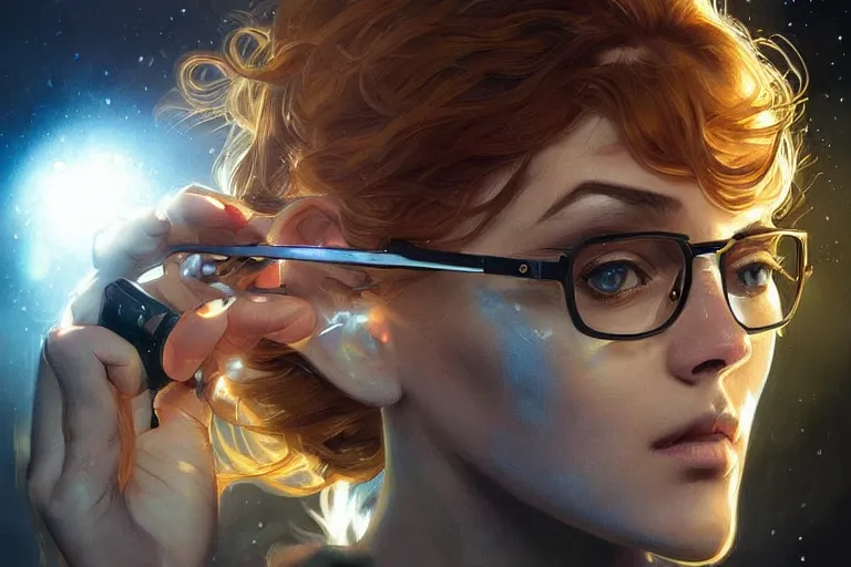 Image similar to Beautiful portrait of a glowing police officer wearing specs. wide angle, magic, fire, face painting, darkness, dramatic lighting, intricate, wild, highly detailed, digital painting, artstation, concept art, smooth, sharp focus, illustration, art by artgerm and greg rutkowski and alphonse mucha, footage from space camera