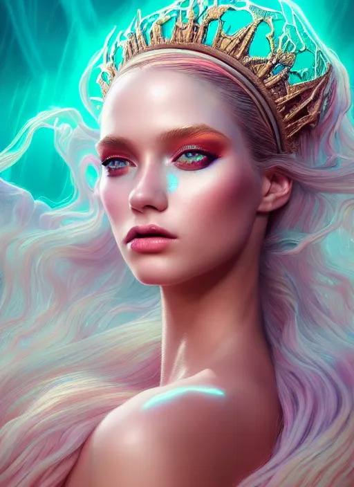 Image similar to portrait of sea queen, fantasy, rule of thirds, intricate, neon highlights, octane render, detailed, beautiful, unreal engine, symmetrical!!, loreal, maybelline, sephora, loreal, artstation, art by karol bak, art by artgerm, rossdraws, cinematic, concept art, filmic, vsco