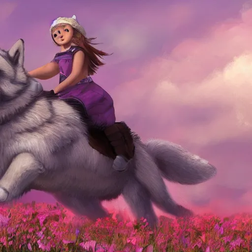 Image similar to girl riding a giant husky in a field of flowers, trending on artstation