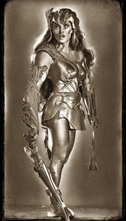 Prompt: she - ra, portrait, full body, symmetrical features, silver iodide, 1 8 8 0 photograph, sepia tone, aged paper, sergio leone, master prime lenses, cinematic