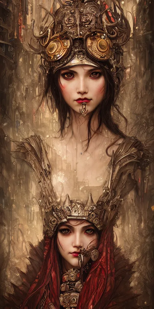 Image similar to hyper realistic Princess Mononoke, ornate mask, wet market street, cyberpunk metropolis, city landscape, jewels, style of tom bagshaw, mucha, james gurney, norman rockwell, denoised, sharp