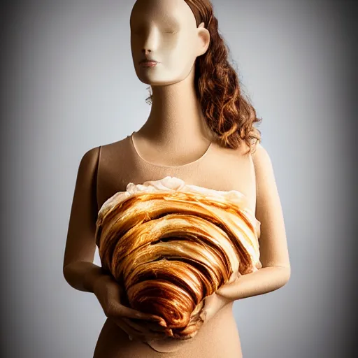 Image similar to a beautiful dress made out of a croissant, on a mannequin. high quality, high resolution, studio lighting