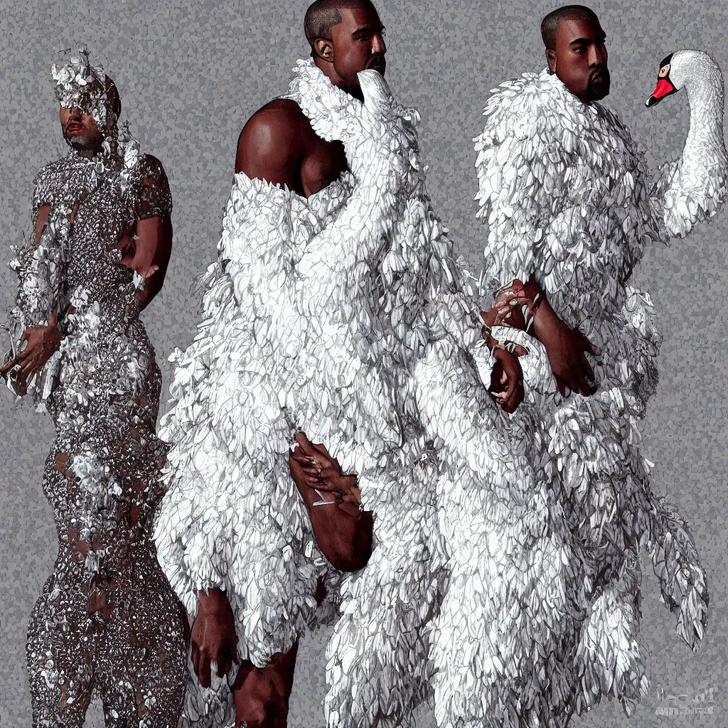 Image similar to kanye west with a decorated dress made of white pearls and white plumes of swan highly detailed digital _ painting