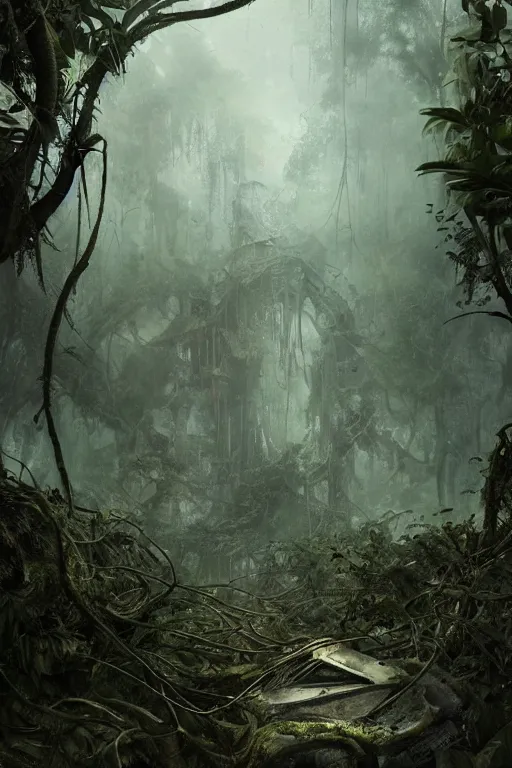 Image similar to decayed aircraft Nimitz laying on the ground overgrown with vegetation and hanging vines, post apocalyptic, tropical forest, by Luis Royo, by Greg Rutkowski, dark, gritty, intricate, cover illustration, concept art, volumetric lighting, volumetric atmosphere, sharp focus, octane render, trending on artstation, 8k,