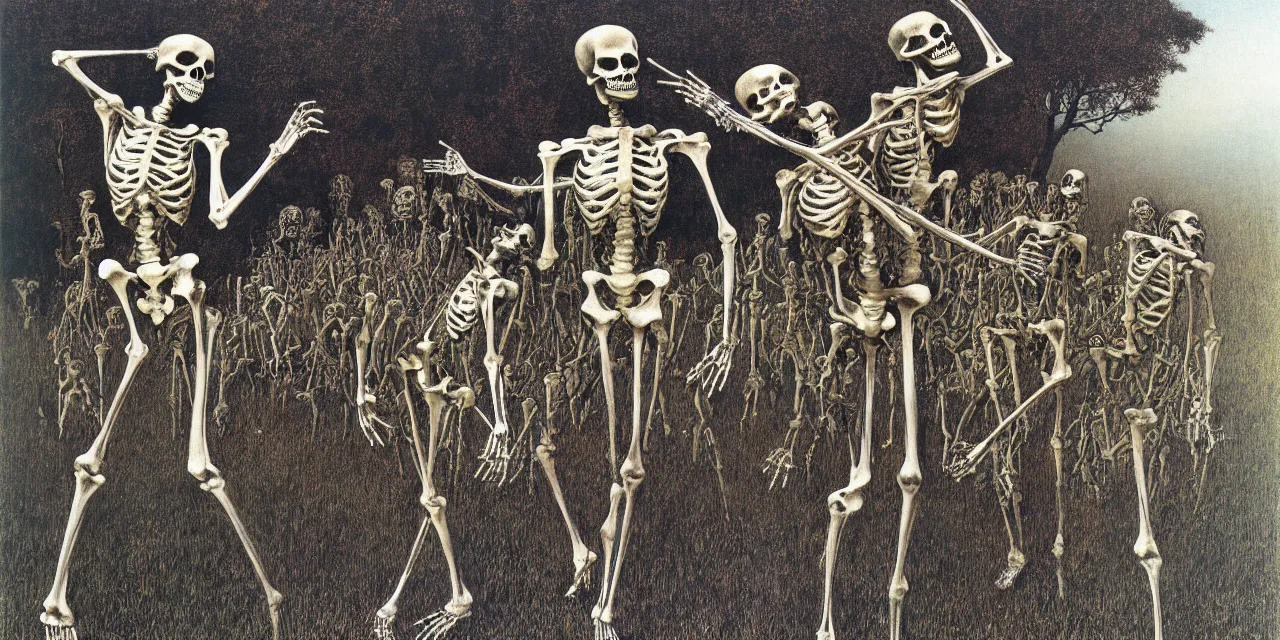 Image similar to eastern european springtime skeleton dancing by zdzisław beksinski and gustave dore and alphonse mucha