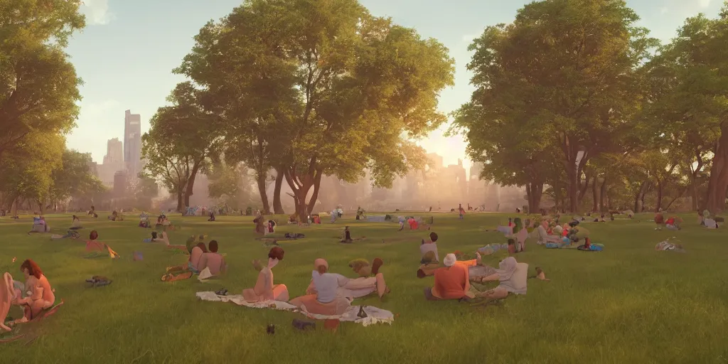 Prompt: a film still of a open air kino in central park new york, wide shot, waist up, wes anderson, studio ghibli, pixar and disney animation, sharp, rendered in unreal engine 5, anime key art by greg rutkowski, bloom, dramatic lighting