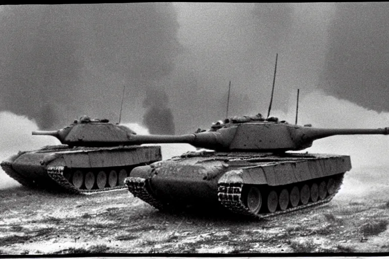 Image similar to flash photograph of russian tanks, accompany by soviet infantry squad, 1985, creepy, haunted, fog, atmospheric, vintage photo