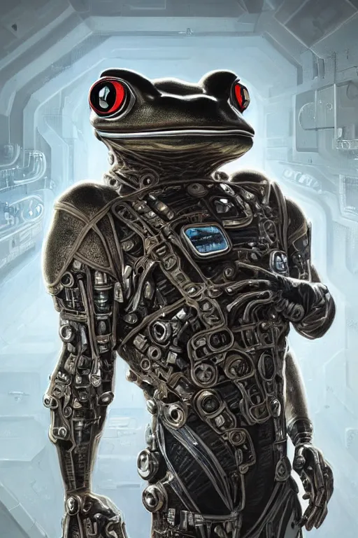 Image similar to a portrait of a muscular anthropomorphic cyberpunk frog in spacesuit armor with ensignia on chest plate by sandra chevrier, by jon foster, detailed render, post - processing, extremely hyperdetailed, intricate, epic composition, cybernetics, 4 k realistic, cryengine, realistic shaded lighting, sharp focus, masterpiece, by enki bilal