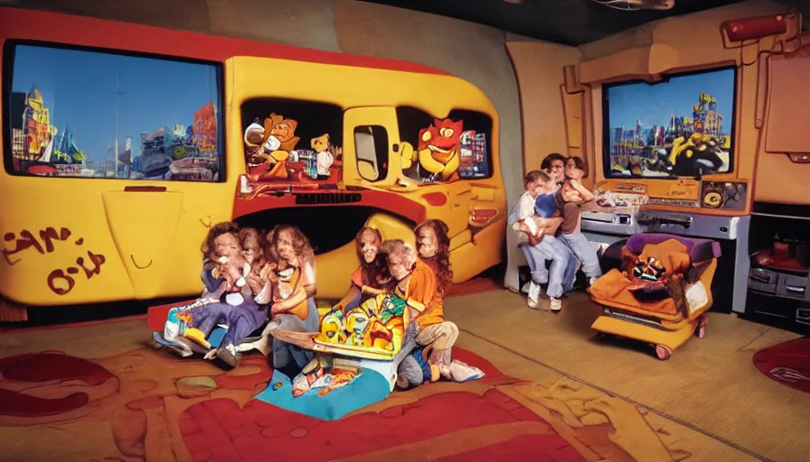 Image similar to 1990s photo of inside the Garfield's Wild Dream ride at Universal Studios in Orlando, Florida, children riding a box with a blanket, with Garfield the cartoon cat, through Jon's living room filled lasagna, coffee cups, and a big lava lamp, cinematic, UHD