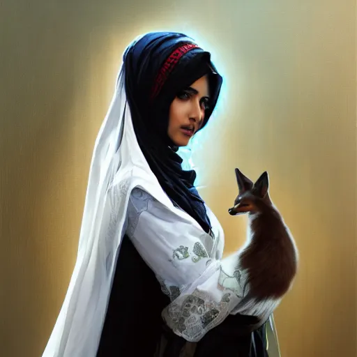 Image similar to a Photorealistic dramatic hyperrealistic render of an arab ameera al taweel, blue eyes, black hair, with a pet fox white veil,by WLOP,Artgerm,Greg Rutkowski,Alphonse Mucha, Beautiful dynamic dramatic dark moody lighting,shadows,cinematic atmosphere,Artstation,concept design art,Octane render,8K