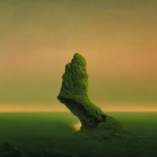 Prompt: giant alien artifact folding on itself in green planet landscape painted by Zdzisław Beksiński, trending on ArtStation, 4k, matte painting