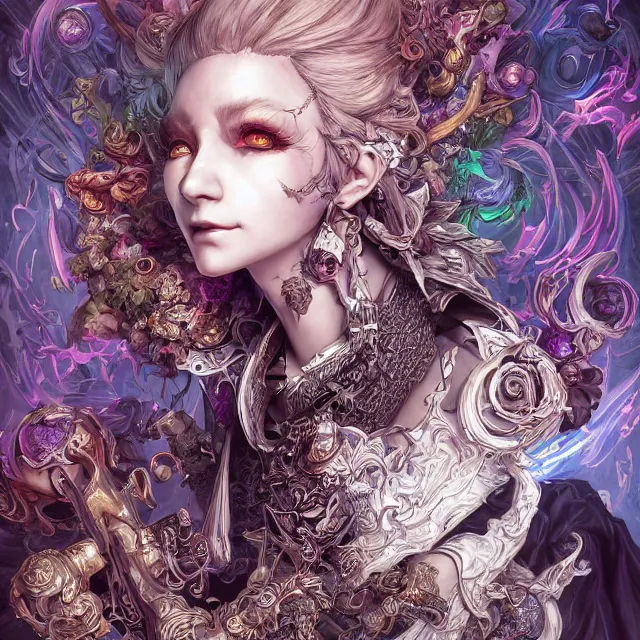 Prompt: the portrait of chaotic evil female necromancer mastermind as absurdly beautiful, gorgeous, elegant, av idol, an ultrafine hyperdetailed illustration by kim jung gi, irakli nadar, intricate linework, bright colors, octopath traveler, final fantasy, unreal engine 5 highly rendered, global illumination, radiant light, detailed and intricate environment