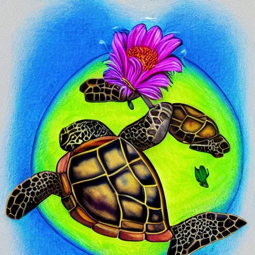 Image similar to a picture of a turtle in love with a flower, vivid colours, depth of field, 50mm