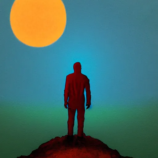 Image similar to a lonely man standing on a deserted planet, glow, acrylic art, painting, canvas, gloomy, digital art,