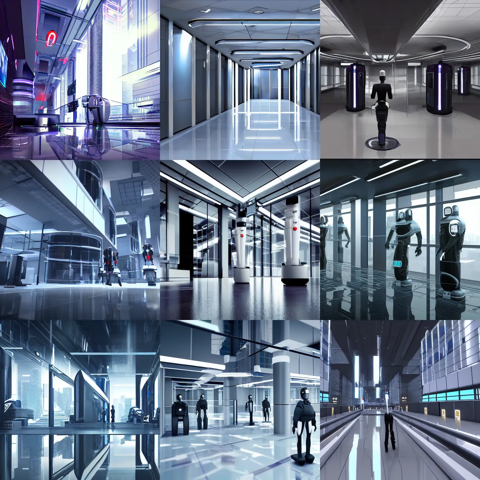 Prompt: mirror's edge cyberpunk photorealistic futuristic corporate interior patrolled by security robots