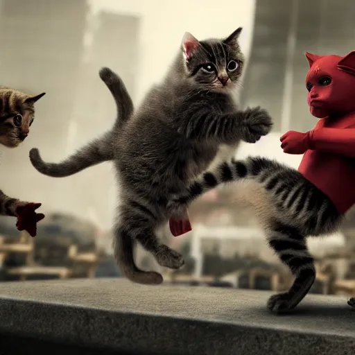 Prompt: a team of kitten superheroes fighting off a hoard of ninja monkeys, ultra realistic, cinematic, 8k, movie still