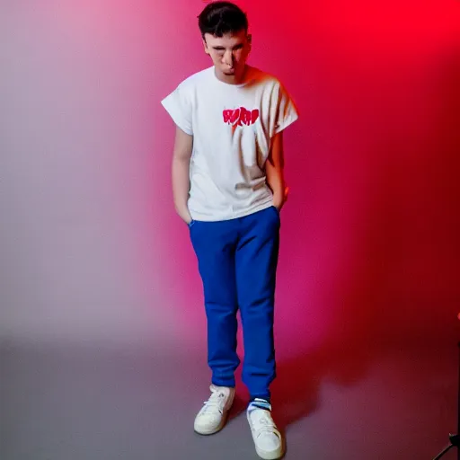 Image similar to a portrait of a teenager with cyan colored hair, white t - shirt with a no symbol on it, blue long pants and red shoes, holding a microphone, studio lighting, photoshoot, grey backdrop