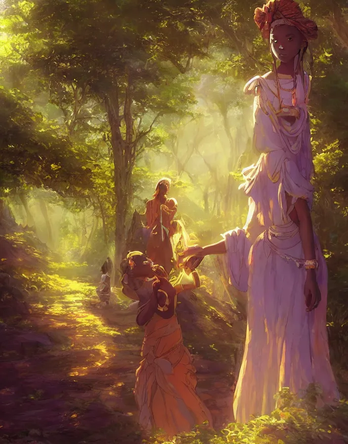 Prompt: african princess giving an offering to a heavenly being, environment concept art, ethereal anime, high detail impressionist style, dreamy light color palette, style of studio ghibli and moebius, concept art stunning atmosphere, trending on artstation, volumetric light