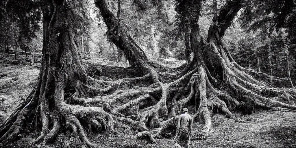 Prompt: photography of alpine farmer overgrown by big alpine tree, centered, roots growing from body, dolomites, eerie _, despair _, vintage black and white photography _, artstation, _ digital _ art _, adward _ winning