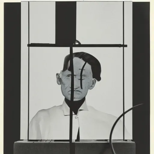 Image similar to a minimalist portrait of Marcel Duchamp in the style of Marcel Duchamp, Da Vinci, Irving Penn, Hito Steyerl, wide angle, monochrome, machine cables