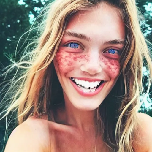 Image similar to a trending photo of over a million views from a female fashion model's instagram account, summer, freckles, smile, green eyes, natural, easygoing, healthy