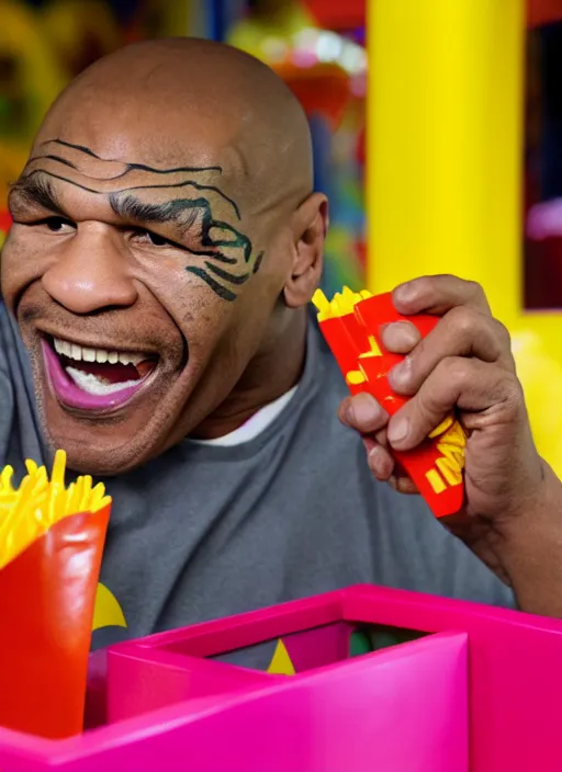 Image similar to Mike Tyson eating a happy meal in the McDonalds play place, photograph, high quality, detailed, sharp