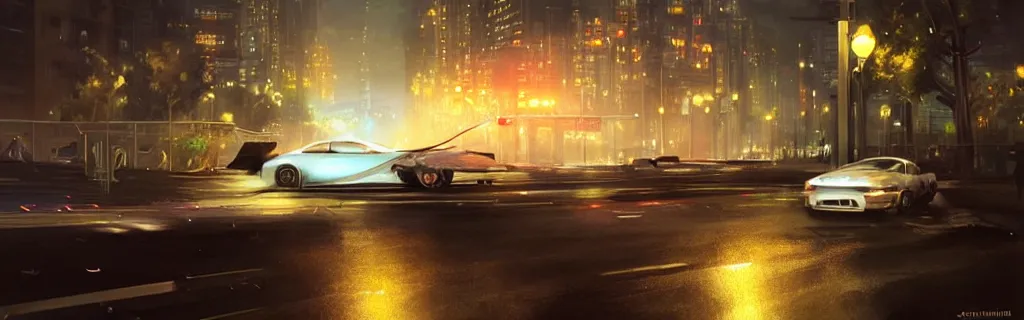 Image similar to a highspeed traffic collision in a street at night. epic cinematic hyperrealism masterpiece. realistic poster with shaded lighting by craig mallismo, artgerm, jeremy lipkin and michael garmash, unreal engine, radiant light, detailed and complex environment, digital art, art station trends, detailed, lens flare, motion blur