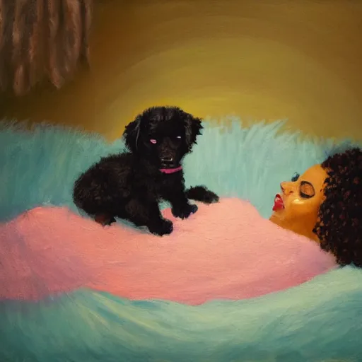 Image similar to pregnant black woman with curly hair, laying down, a tiny black puppy running around, golden hour, vintage, impressionist painting, fine art, oil painting, dreamy, pastel, laughing, happy, intricate details, sharp, peaceful, serene