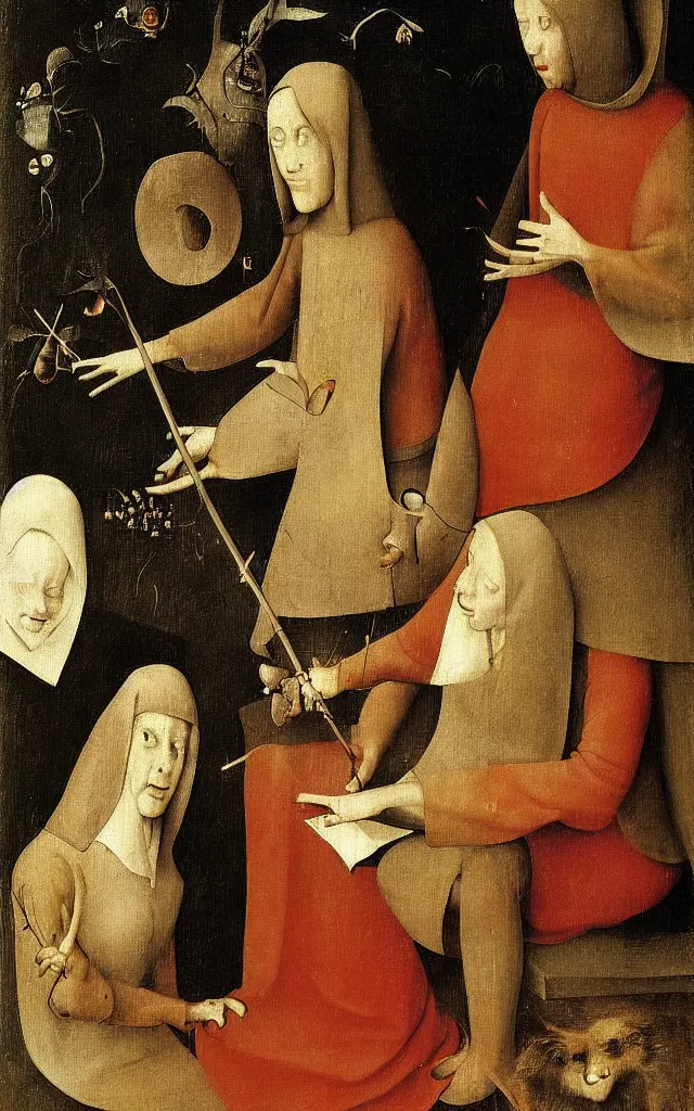 Prompt: two sisters or on the terrace by hieronymus bosch, delights,