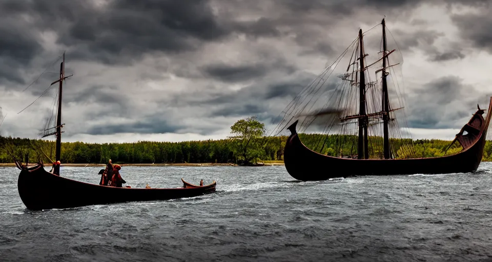 Prompt: fast viking ship sailing down a river, f / 2. 8, motion blur