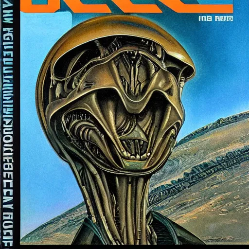 Image similar to Retro Sci-fi magazine cover, Alien landscape in the style of h.r giger, norman rockwell, giger, highly detailed, soft lighting, 8k resolution, oil on canvas, architectural magazine